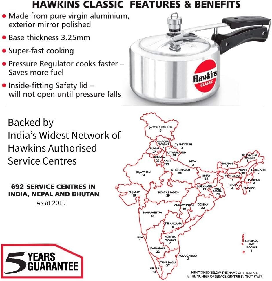Hawkins Classic Aluminium Inner Lid Pressure Cooker, 2 Litre, Silver (CL20)